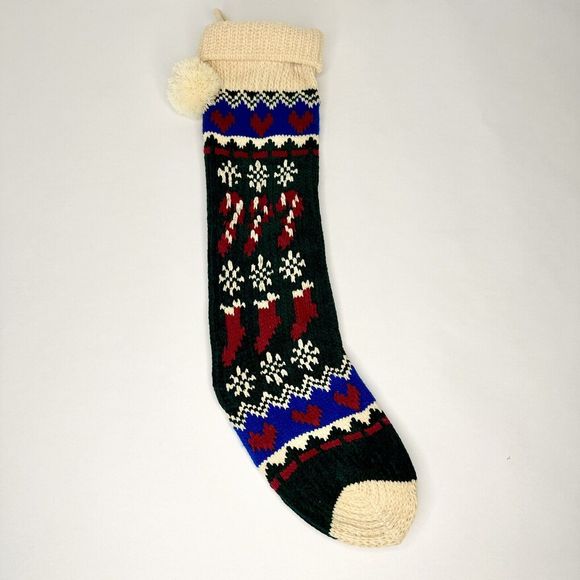 Vintage Pom-Pom Snowflake Chanel Knit‎ Stocking Candy Canes Red Green Blue ￼￼ - Picture 1 of 8